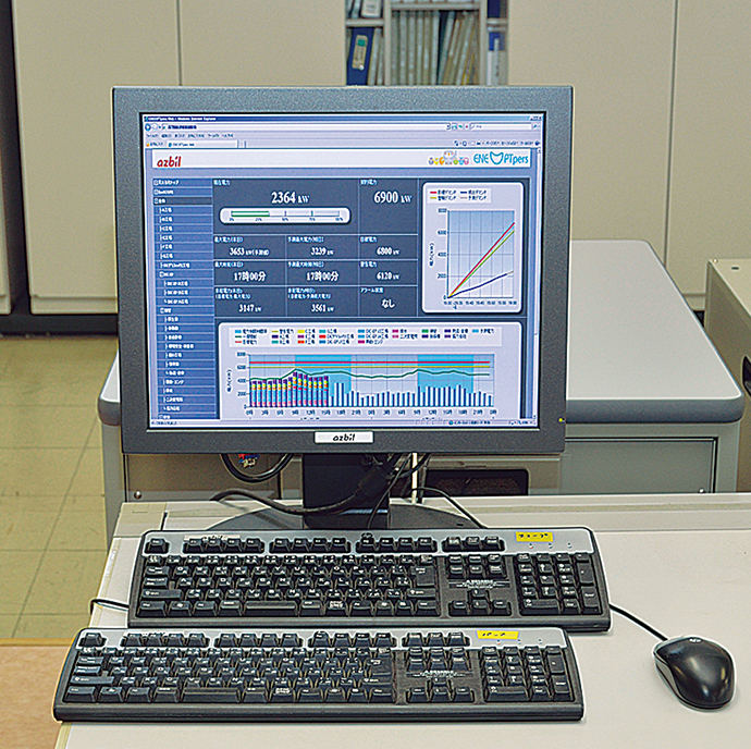 ENEOPTpers graphically displays power consumption trends by department on a PC set up in the power supply control center.