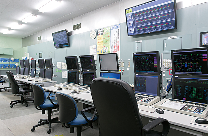 General instrument panel room where the operation of two anone manufacturing plants is monitored and controlled.