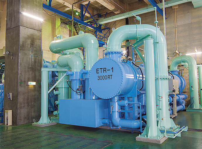 An electric chiller in the central heating and cooling plant.