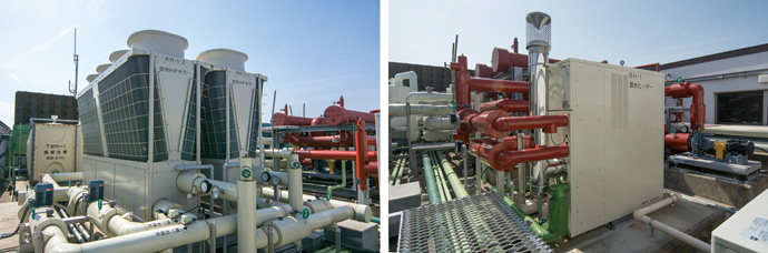 The air-cooled heat pump chillers (left) and hot water heater (right) installed on the roof of the Sakura City Museum of Art as part of the ESCO project are highly efficient.