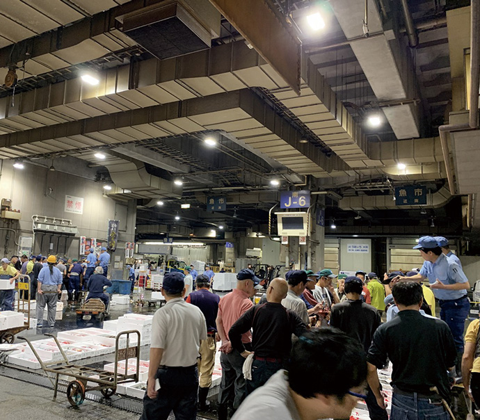 An early-morning auction. Approximately 6,000 mercury and fluorescent lamps used in the market were converted to LEDs.