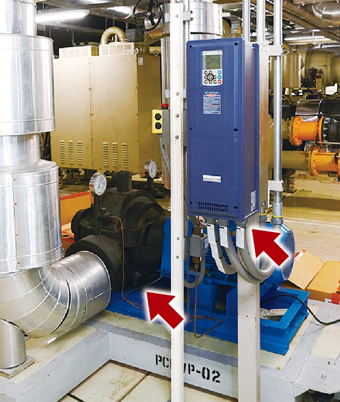 A primary chilled water pump for HVAC equipment (left) and an inverter that controls the pump’s rotation speed according to demand (right)
