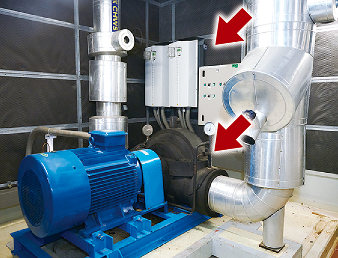 A pump for sending chilled water to the cooling tower of the HVAC equipment (bottom) and an inverter that controls the pump’s rotation speed according to demand (top)