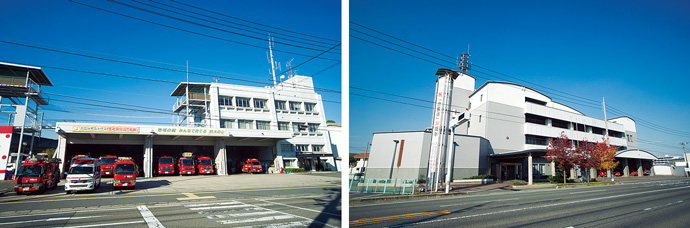 消防局仓敷消防署综合办公大楼（左）和儿岛消防署（右）。每月进行一次巡检和远程监控。