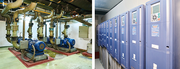 向空调机输送冷水和冷却水的水泵（上图）及（右图）控制水泵变流量的变频器。