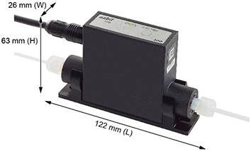 Figure 1. Model F7M micro-flow meter developed by Azbil. The white tubes are the inlet and outlet (left and right respectively) of the flow path. The black cable is for the power and signal lines.