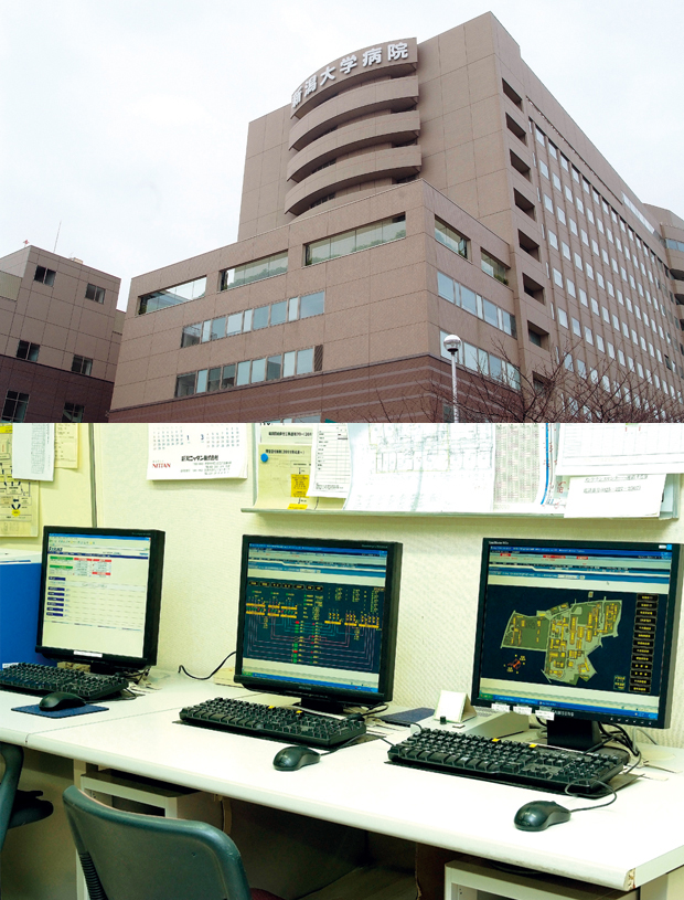 旭町地区（新潟大学病院）を管理しているアズビルの建物管理システム savic-net™FX。管理している電力情報をENEOPTpersサーバーに送信している。
