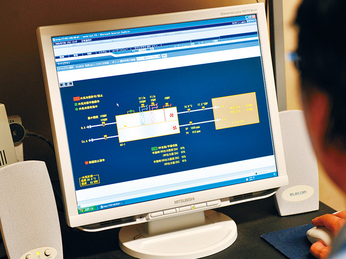 守衛室に設置された中央監視装置savic-net FX。このモニタ画面を通して、社屋内の空調・熱源設備の状況を集中的に把握できる。