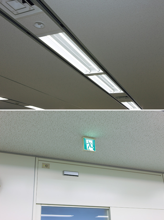 LED化されたオフィスの照明および誘導灯。省電力実現に大きく貢献している。