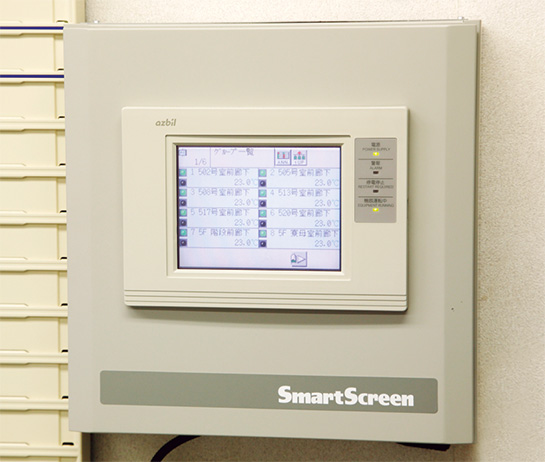 ファンコイルユニットは、SmartScreenで集中管理し、温度設定の一括変更や消忘れの防止を行い、快適性の向上と省エネルギーの両立を図っている。