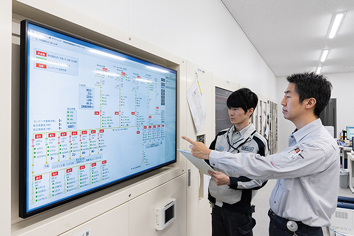 savic-net G5のサマリグラフ 受変電系統図を大型モニタ上で表示し、停電計画のチェックを行う。