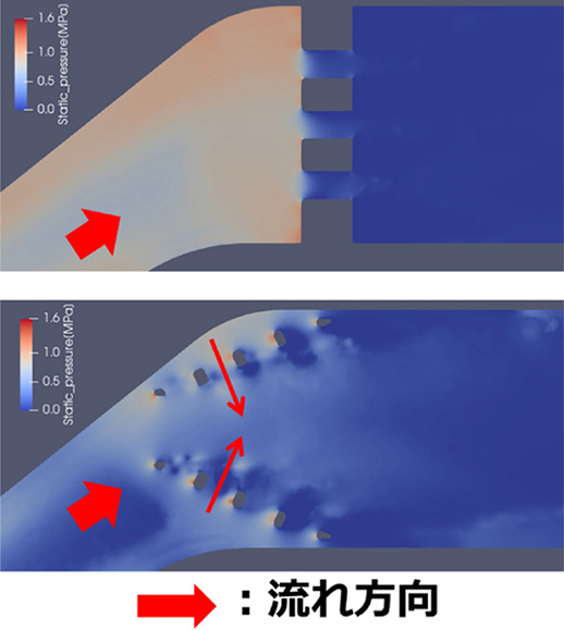 図15　ディフューザ付近の静圧分布<br>（上：#1（多孔板），下：#2（コーン形））