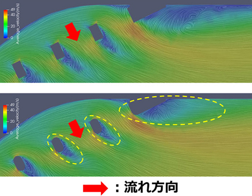 図17　ディフューザ付近の流線分布<br>（上：穴出入口\( R \)なし，下：穴出入口\( R \)あり）