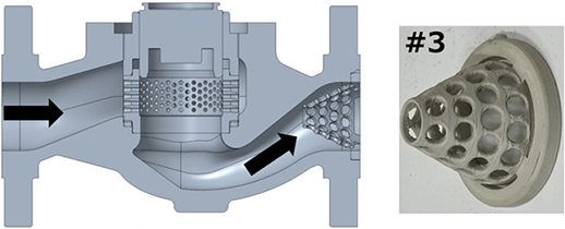 図18　2段テーパ形状の多孔ケージとディフューザを組み合わせた調節弁と製作したディフューザ