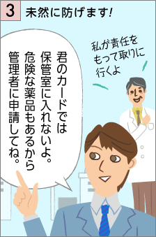 未然に防げます！…「君のカードでは保管室に入れないよ。危険な薬品もあるから管理者に申請してね。」「私が責任をもって取りに行くよ」