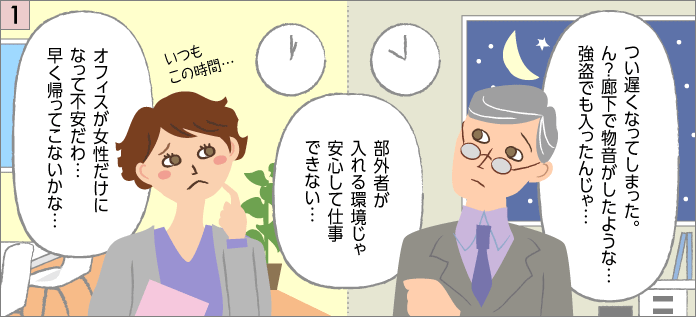 いつもこの時間…オフィスが女性だけになって不安だわ…早く帰ってこないかな…。つい遅くなってしまった。ん？廊下で物音がしたような…強盗でも入ったんじゃ…。部外者が入れる環境じゃ安心して仕事できない…