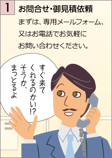 お問合せ・御見積依頼…まずは、専用メールフォーム、又はお電話でお気軽にお問い合わせください。「すぐ来てくれるのかい！？そうか、まっとるよ」