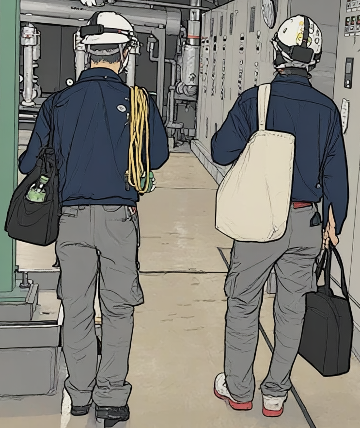 作業着、ヘルメットを着用し、荷物を持って工事中の現場で作業を行う人のイメージイラスト