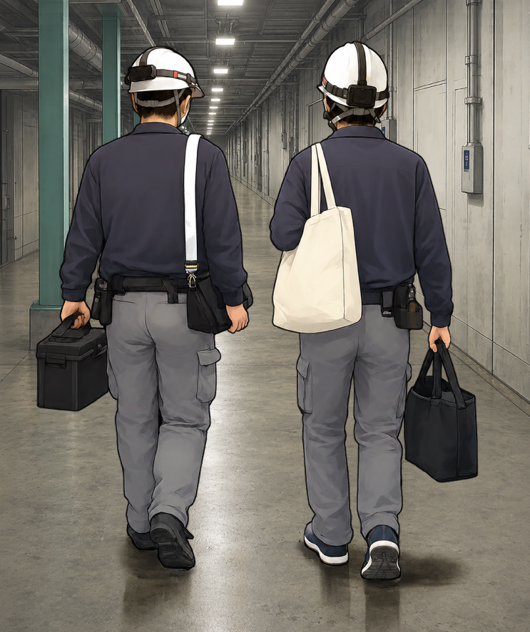 作業着、ヘルメットを着用し、荷物を持って工事中の現場で作業を行う人のイメージイラスト