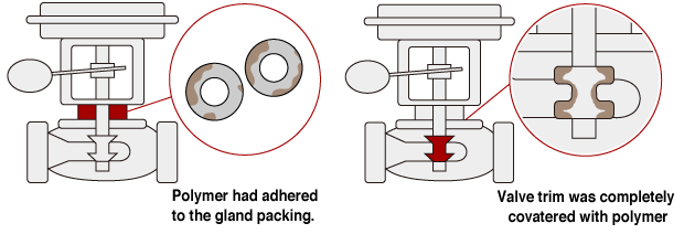 Polymer had adhered to the gland packing.Valve trim was completely coated with polymer
